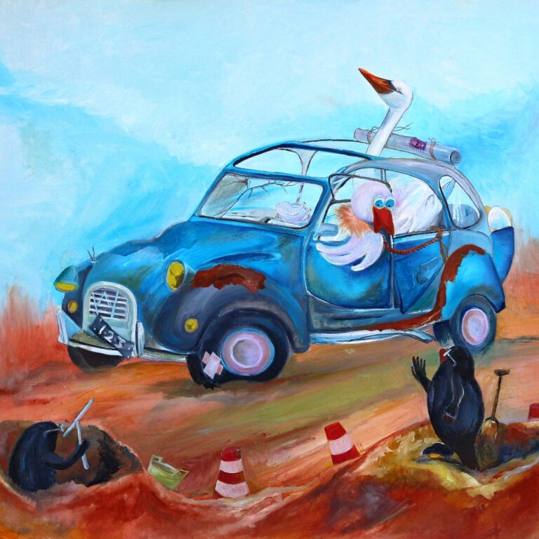 Wanddecoratie voor kinderkamer. Het lelijk eendje zit achter het stuur in een lelijk eendje. Er is een wegomlegging en mollen zijn druk bezig.