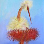 Babykamer wanddecoratie van een grappige ooievaar op een groot nest.