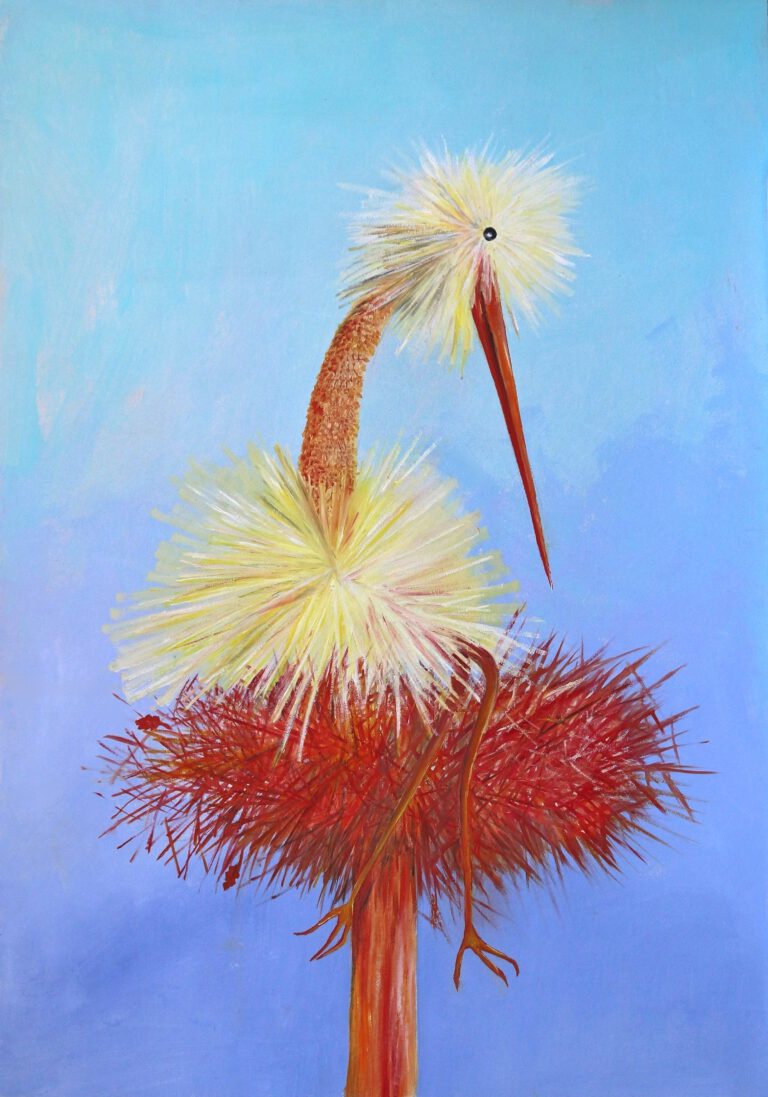 Babykamer wanddecoratie van een grappige ooievaar op een groot nest.