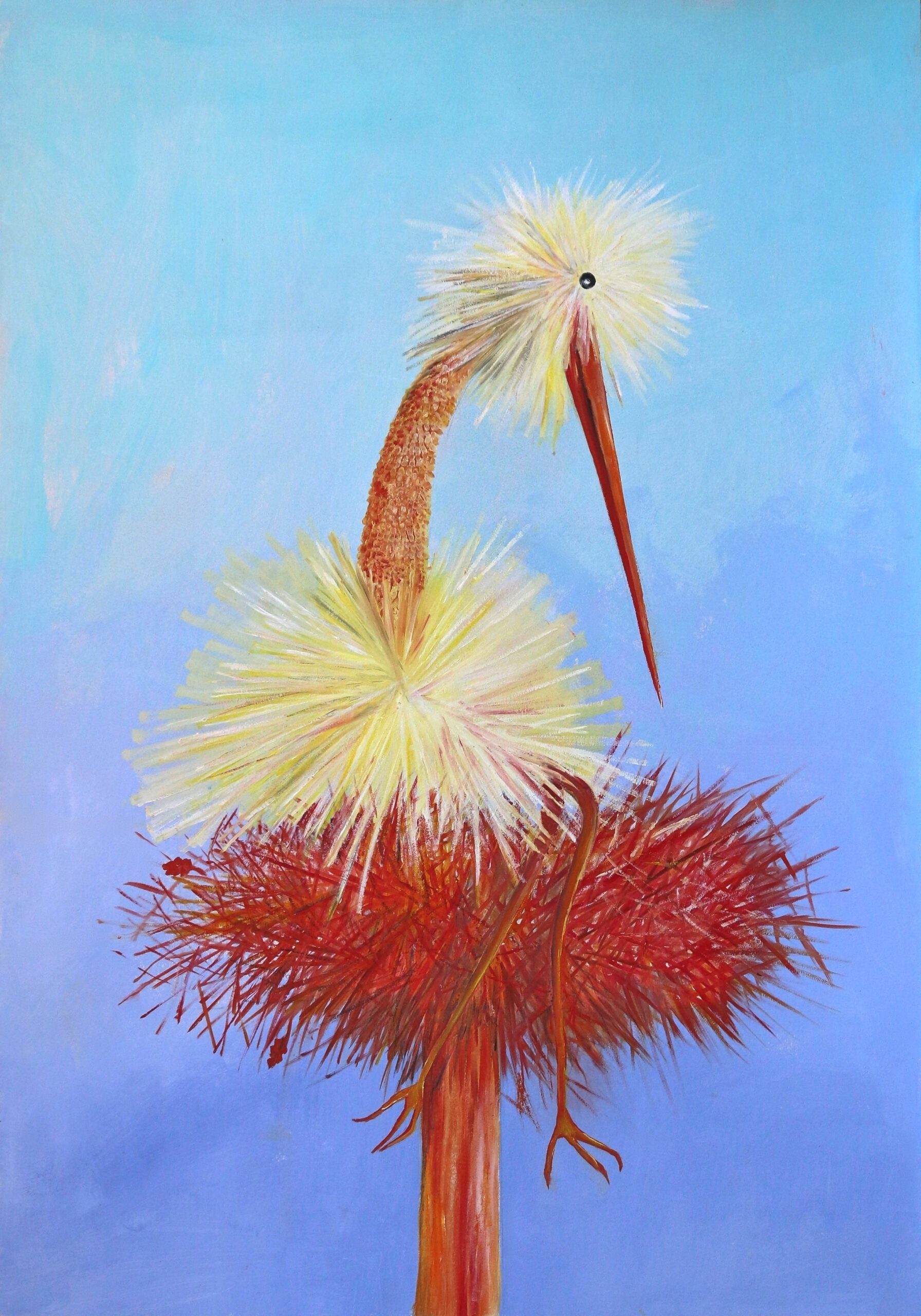 Babykamer wanddecoratie van een grappige ooievaar op een groot nest.