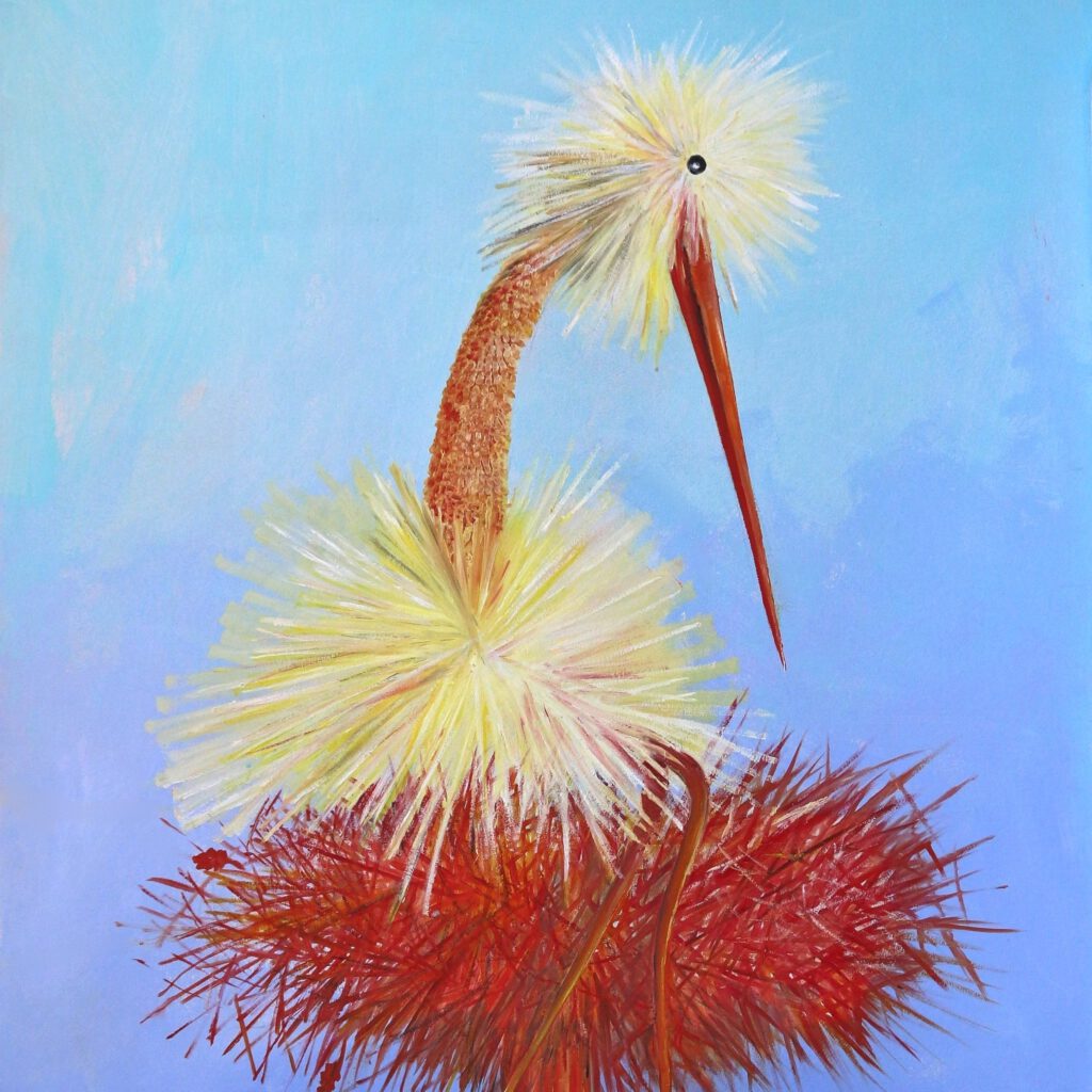 Babykamer wanddecoratie van een grappige ooievaar op een groot nest.