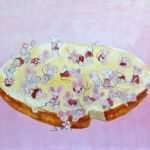 Wanddecoratie voor kinderkamers. Een babyprent voor de babykamer. Een beschuit met kleine meisjes muisjes geschilderd voor een roze achtergrond. Een romantische afbeelding waar veel kleine details te ontdekken valt.