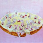 Wanddecoratie voor kinderkamers. Een babyprent voor de babykamer. Een beschuit met kleine meisjes muisjes geschilderd voor een roze achtergrond. Een romantische afbeelding waar veel kleine details te ontdekken valt.