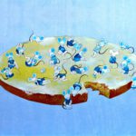 Wanddecoratie voor de babykamer. Een vrolijk Twinkelschilderij waarop babymuisjes in blauwe kleertjes spelen op een met boter gesmeerd beschuitje.