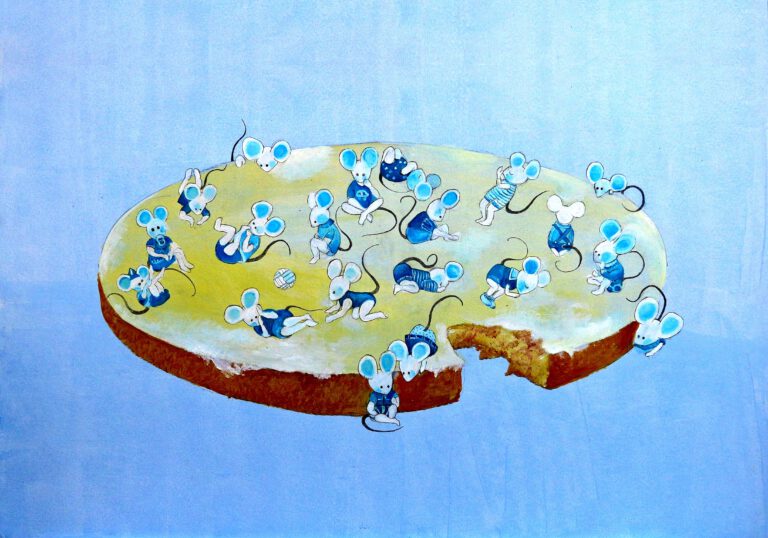 Wanddecoratie voor de babykamer. Een vrolijk Twinkelschilderij waarop babymuisjes in blauwe kleertjes spelen op een met boter gesmeerd beschuitje.