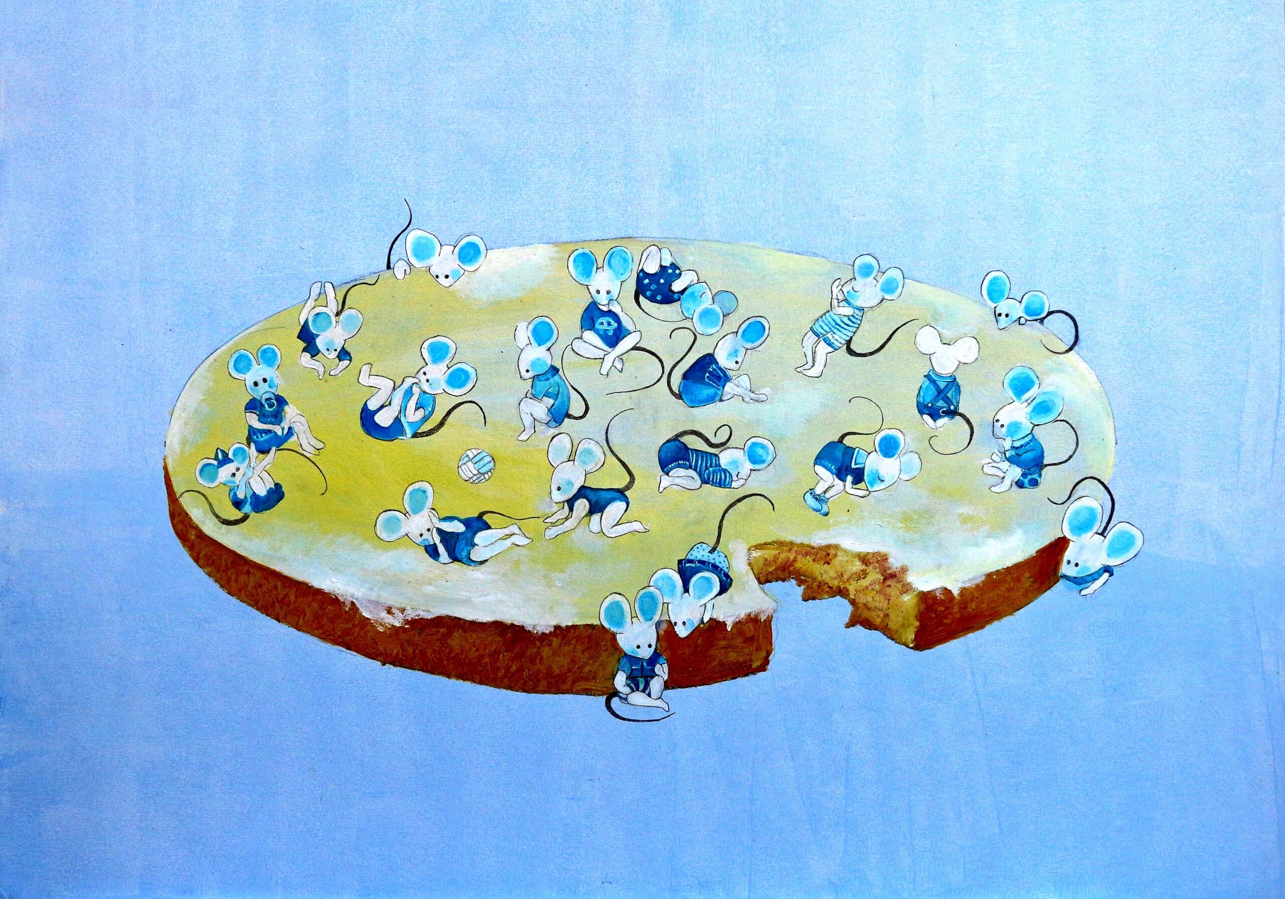 Wanddecoratie voor de babykamer. Een vrolijk Twinkelschilderij waarop babymuisjes in blauwe kleertjes spelen op een met boter gesmeerd beschuitje.