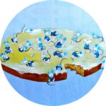 Wandcirkel voor de babykamer. Een vrolijk Twinkelschilderij waarop babymuisjes in blauwe kleertjes spelen op een met boter gesmeerd beschuitje.