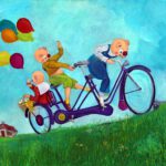 Een vrolijke wanddecoratie van 3 biggetjes die naar een feestje gaan.