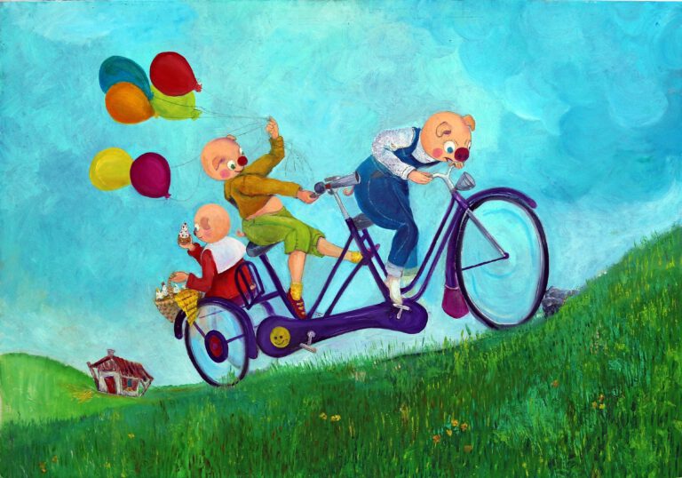 Een vrolijke wanddecoratie van 3 biggetjes die naar een feestje gaan.