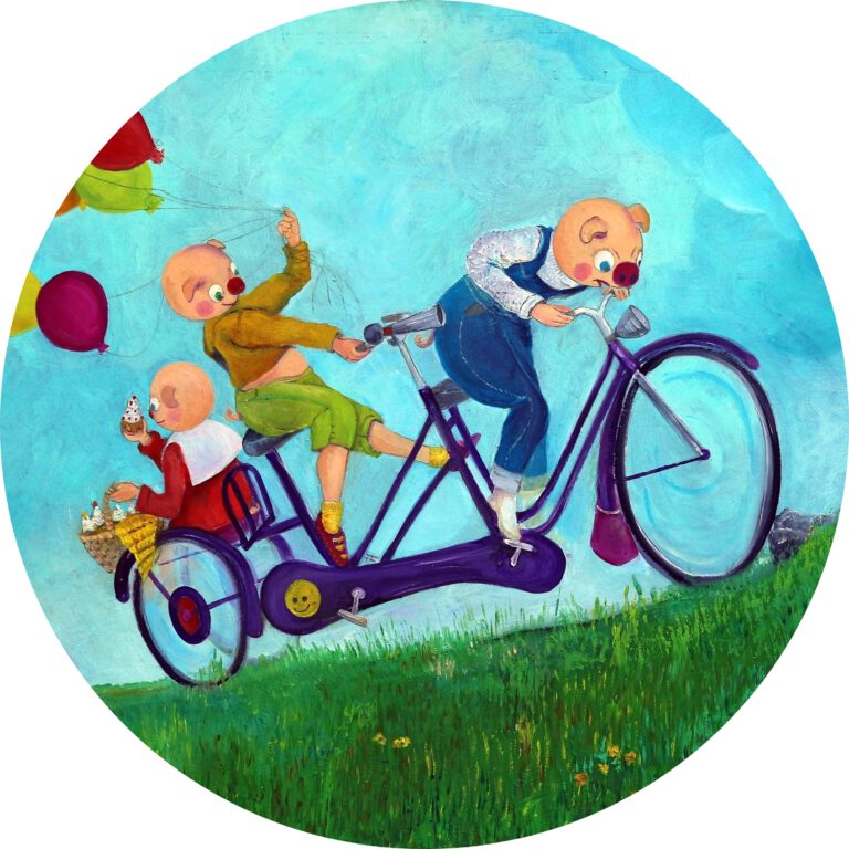 Een vrolijke wandcirkel van 3 biggetjes die naar een feestje gaan