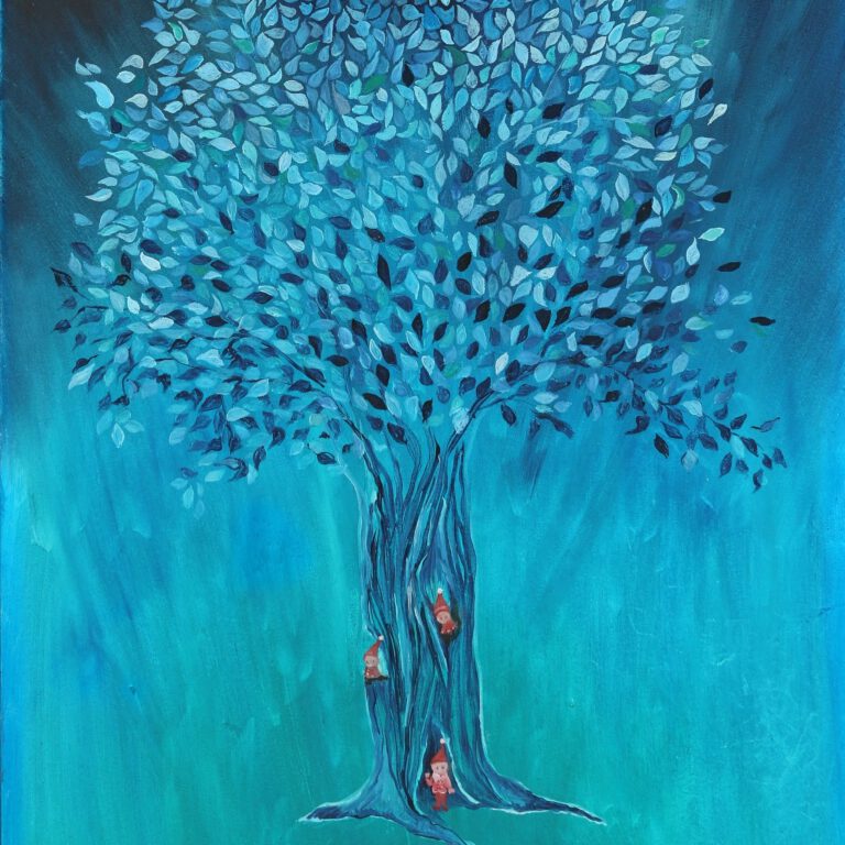 Blauwe kabouterboom is een kinderschilderij van Twinkelschilderijen. Een prachtige wanddecoratie voor de kinderkamer.