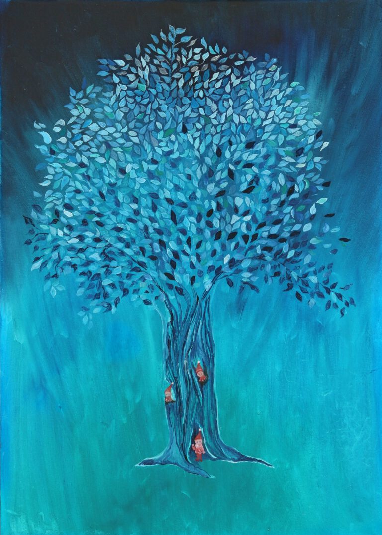 Blauwe kabouterboom is een kinderschilderij van Twinkelschilderijen. Een prachtige wanddecoratie voor de kinderkamer.