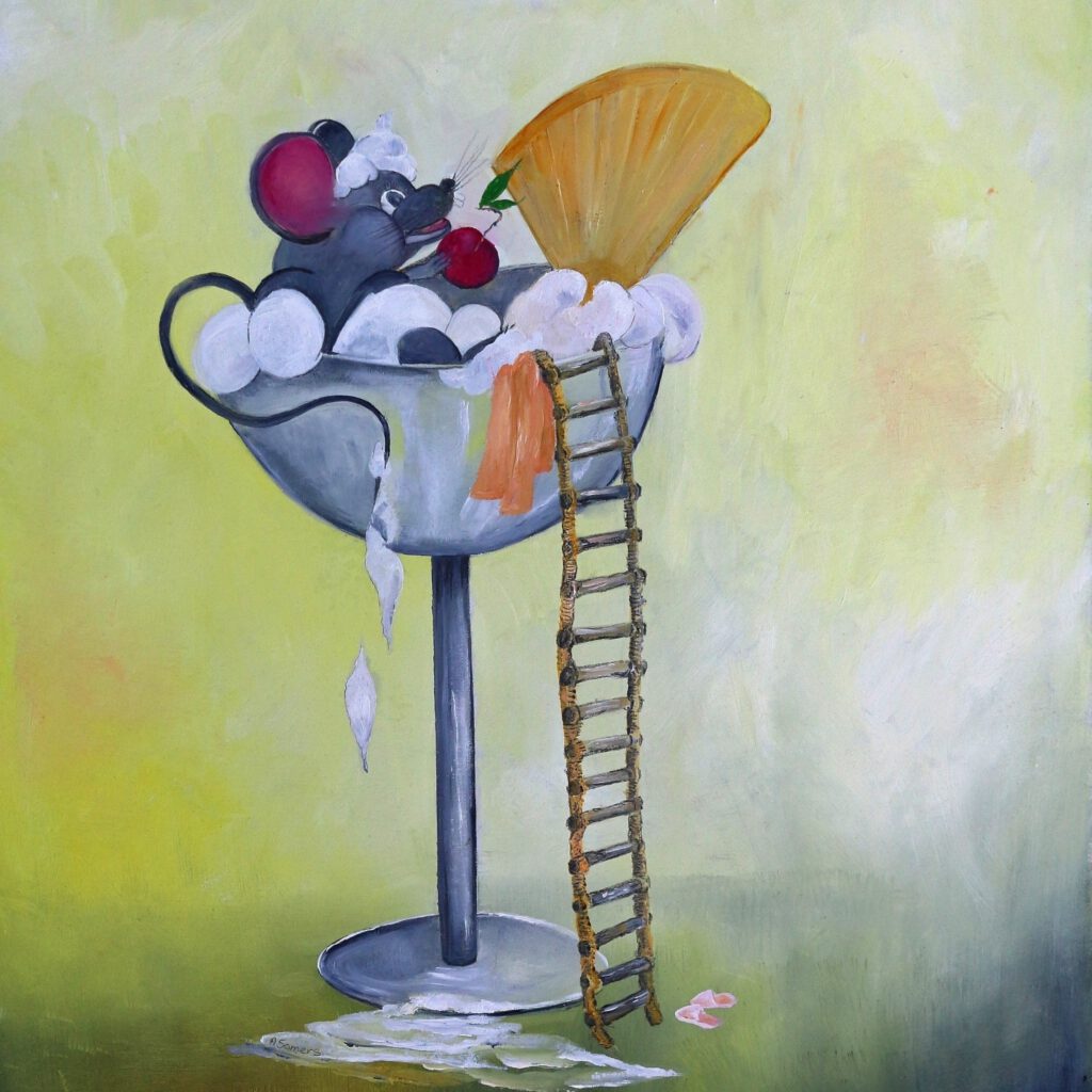 Een heerlijke wanddecoratie van een muisje wat snoept van het ijs. Een vrolijk Twinkelschilderij.