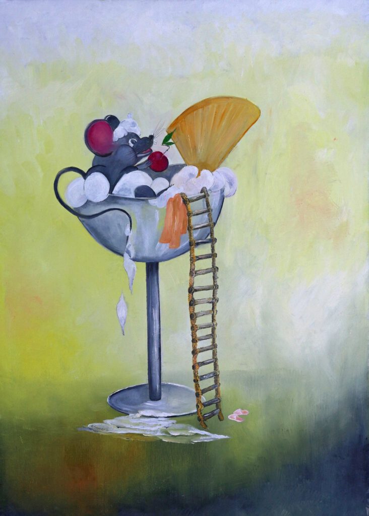 Een heerlijke wanddecoratie van een muisje wat snoept van het ijs. Een vrolijk Twinkelschilderij.