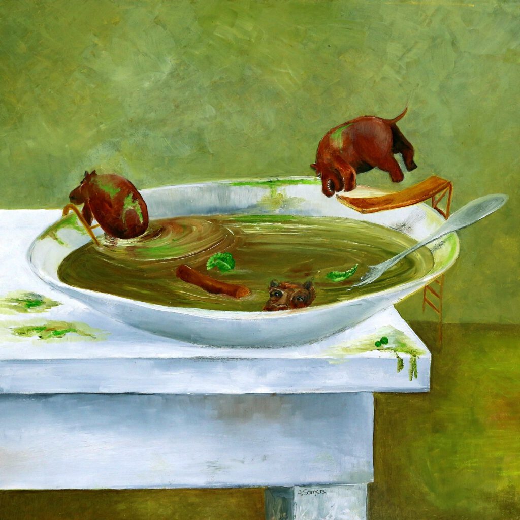 Een vrolijke wanddecoratie van nijlpaarden die in de erwtensoep zwemmen.