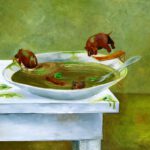 Een vrolijke wanddecoratie van nijlpaarden die in de erwtensoep zwemmen.