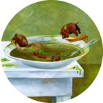 Een vrolijke wanddecoratie van nijlpaarden die in de erwtensoep zwemmen.