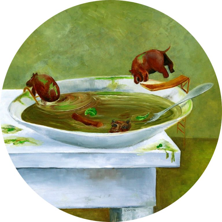 Een vrolijke wanddecoratie van nijlpaarden die in de erwtensoep zwemmen.