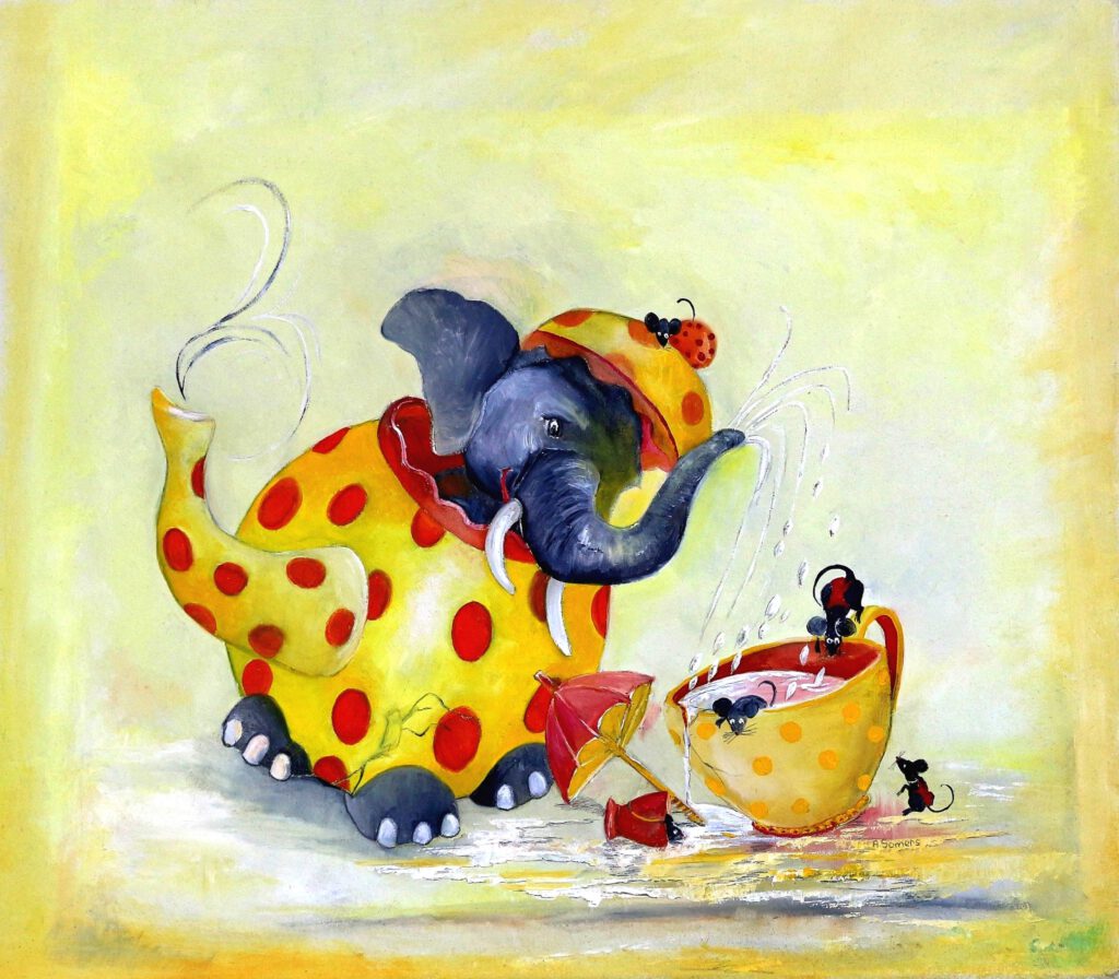 Wanddecoratie van een vrolijke olifant in een theepot van Twinkelschilderijen.