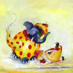 Wanddecoratie van een vrolijke olifant in een theepot van Twinkelschilderijen.