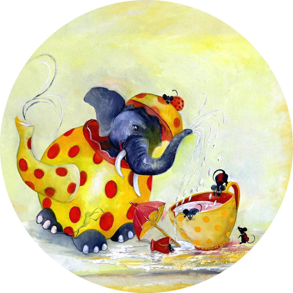 Wanddecoratie van een vrolijke olifant in een theepot van Twinkelschilderijen.