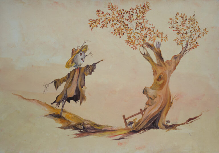 Vrolijke herfst met vogelverschrikker een leuke wanddecoratie van Twinkelschilderijen