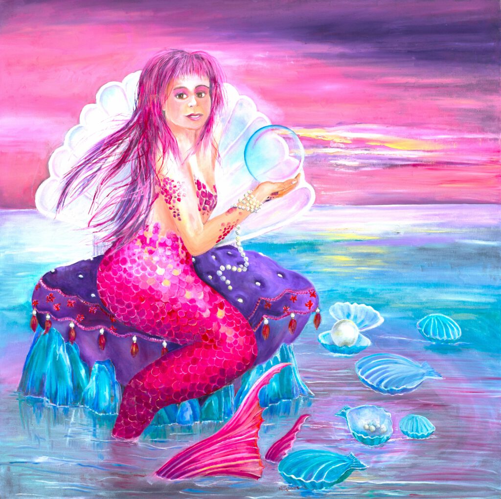 Wanddecoratie voor kinderkamer of huiskamer. Zeemeermin met parel