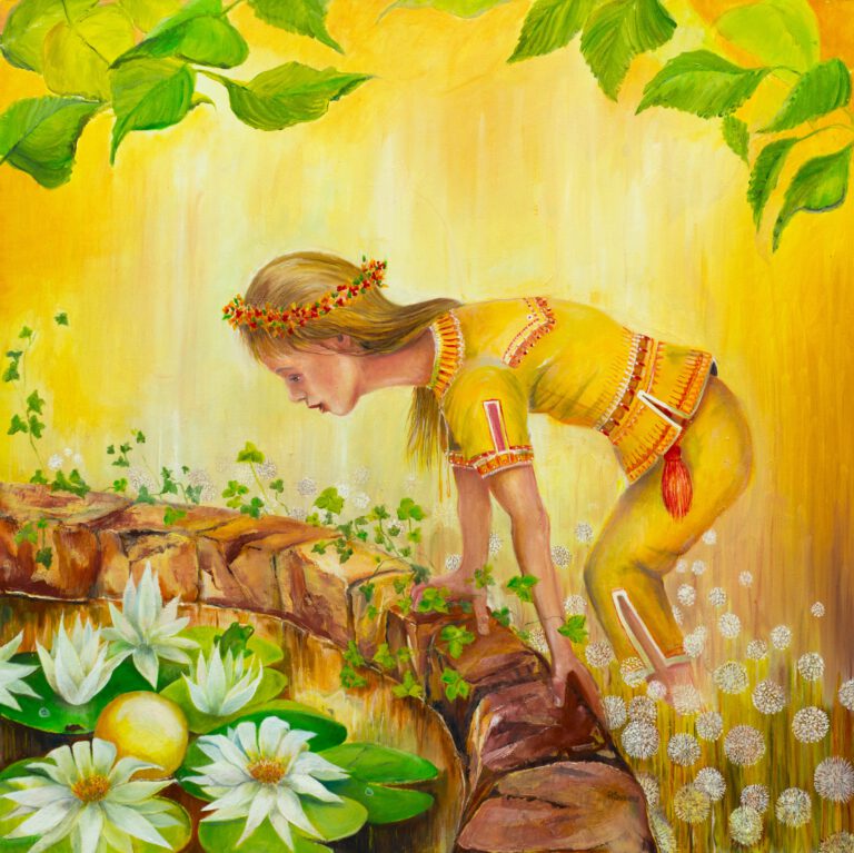 Sprookje Prinses en de kikker. Wanddecoratie voor kinderkamer met een Prinses, een kikker en gouden bal in een put.