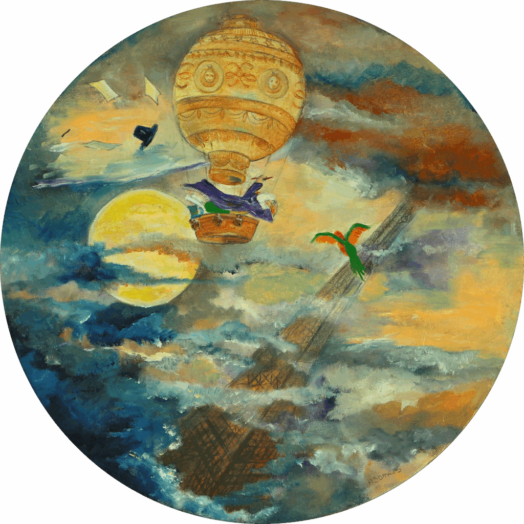 Een wandcirkel over de eerste luchtballon die over Parijs zweeft en in de verte zie je de EIffeltoren