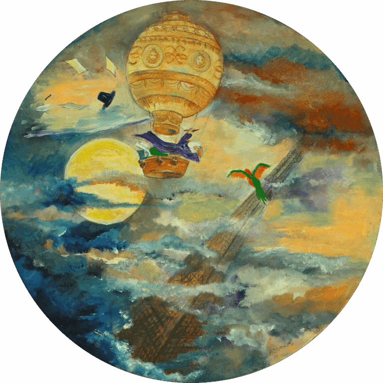 Een wandcirkel over de eerste luchtballon die over Parijs zweeft en in de verte zie je de EIffeltoren