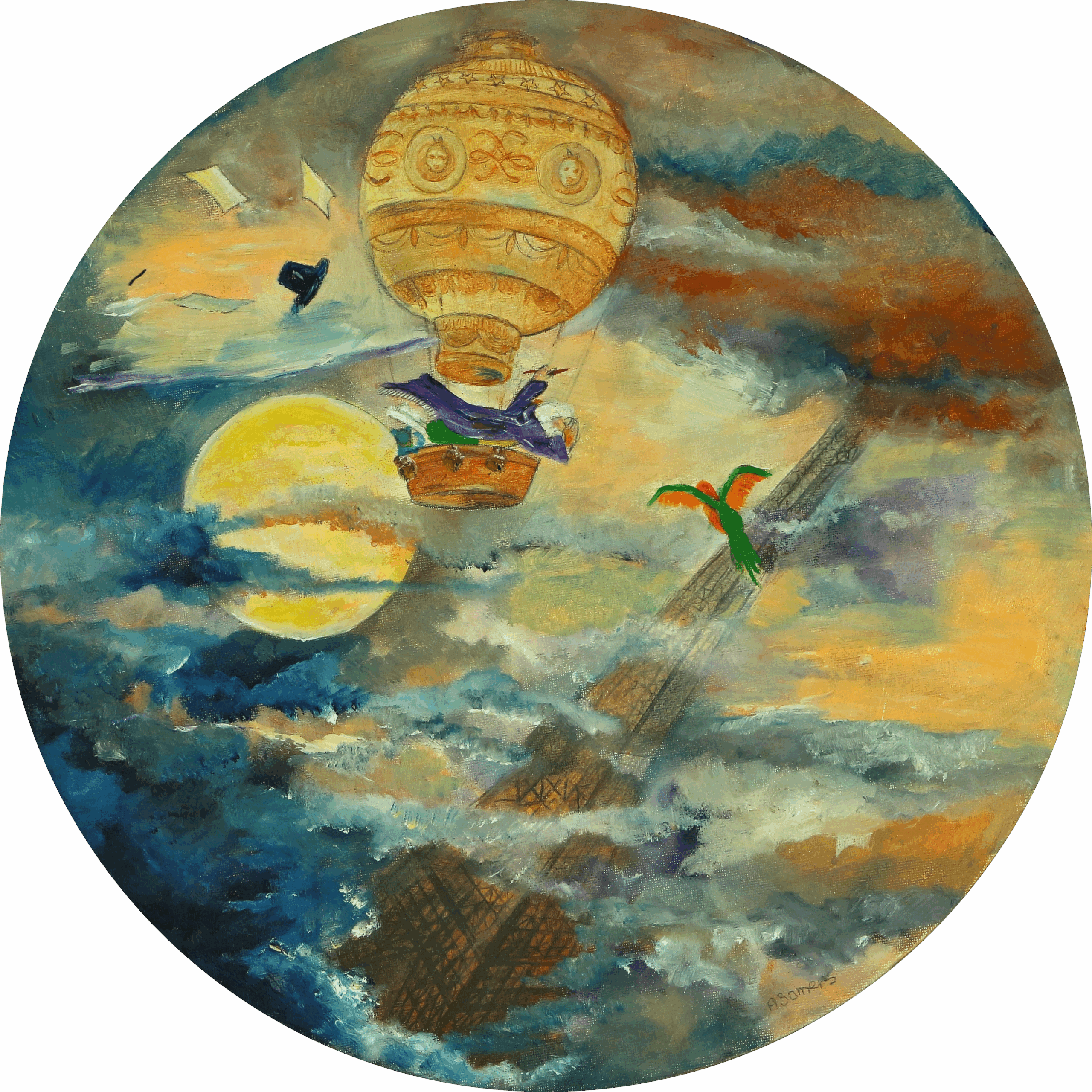 Een wandcirkel over de eerste luchtballon die over Parijs zweeft en in de verte zie je de EIffeltoren