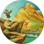 Wandcirkel van Twinkelschilderijen. Een mannetje rolt met de Mozartkugel zo de berg af naar Salzburg de geboortestad van Mozart.