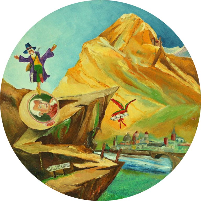 Wandcirkel van Twinkelschilderijen. Een mannetje rolt met de Mozartkugel zo de berg af naar Salzburg de geboortestad van Mozart.