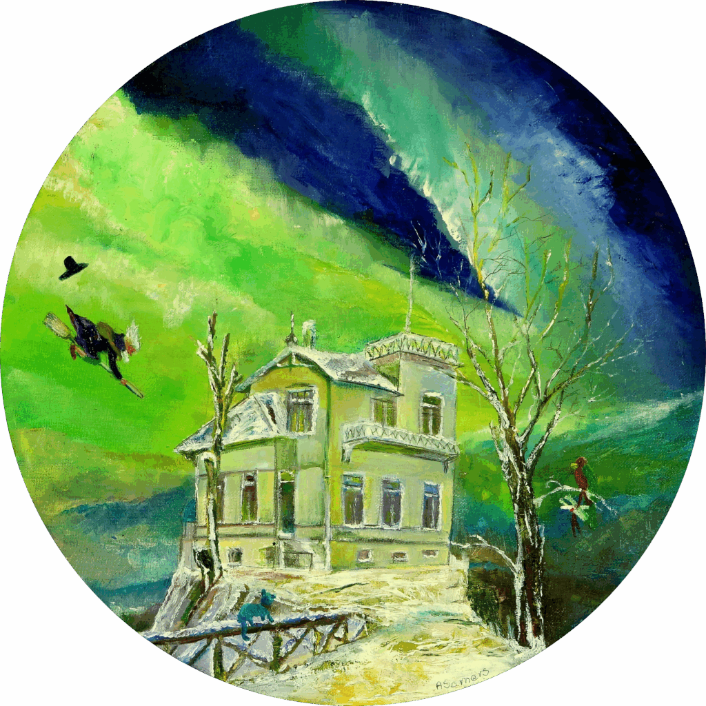 Wandcirkel van het huis van de componist Edvard Grieg uit Noorwegen bij het Noorderlicht.