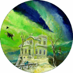 Wandcirkel van het huis van de componist Edvard Grieg uit Noorwegen bij het Noorderlicht.