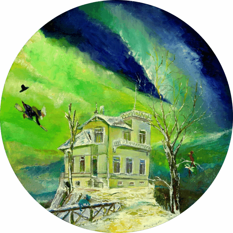 Wandcirkel van het huis van de componist Edvard Grieg uit Noorwegen bij het Noorderlicht.