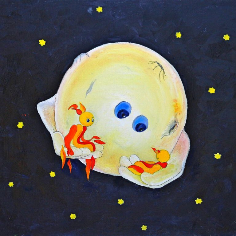 Wanddecoratie voor de kinderkamer van Twinkelschilderijen. Ollie en de maan uit Daar wonen 1000 Dromenmakertjes.