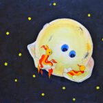 Wanddecoratie voor de kinderkamer van Twinkelschilderijen. Ollie en de maan uit Daar wonen 1000 Dromenmakertjes.