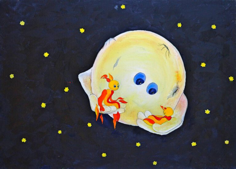 Wanddecoratie voor de kinderkamer van Twinkelschilderijen. Ollie en de maan uit Daar wonen 1000 Dromenmakertjes.