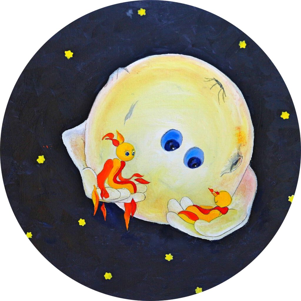 Wanddecoratie voor de kinderkamer van Twinkelschilderijen. Ollie en de maan uit Daar wonen 1000 Dromenmakertjes.