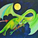 Een vliegende draak voor een volle maan en heeft een sierlijke houding. Een mooie wanddecoratie van Twinkelschilderijen.