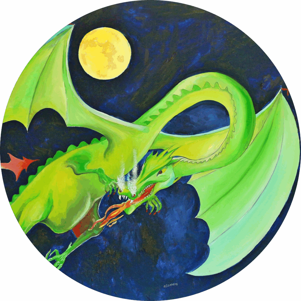 Een vliegende draak voor een volle maan en heeft een sierlijke houding. Een mooie wanddecoratie van Twinkelschilderijen.