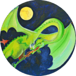 Een vliegende draak voor een volle maan en heeft een sierlijke houding. Een mooie wanddecoratie van Twinkelschilderijen.