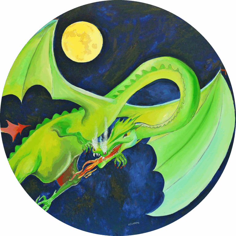 Een vliegende draak voor een volle maan en heeft een sierlijke houding. Een mooie wanddecoratie van Twinkelschilderijen.