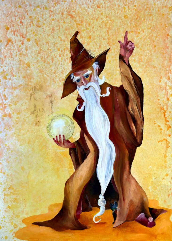 Een wnanddecoratie voor kinderkamer van Twinkelschilderijen. Van een poes en een tovenaar