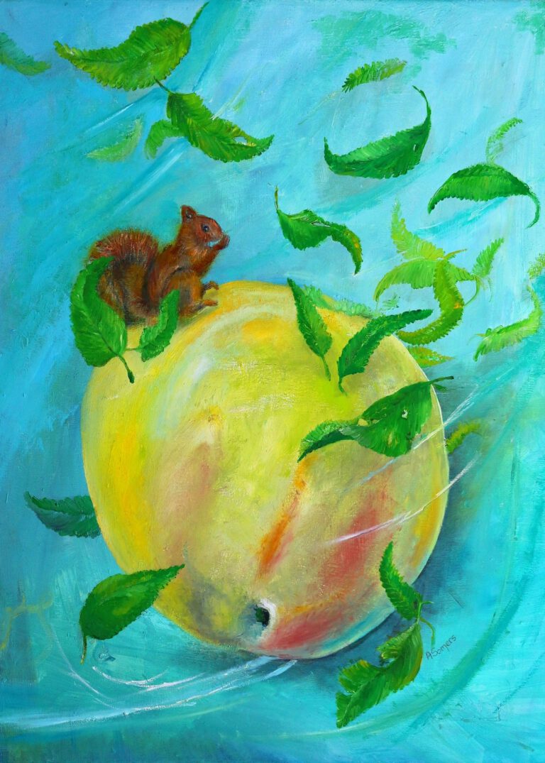 Eekhoorn en grote appel als wanddecoratie van Twinkelschilderijen.