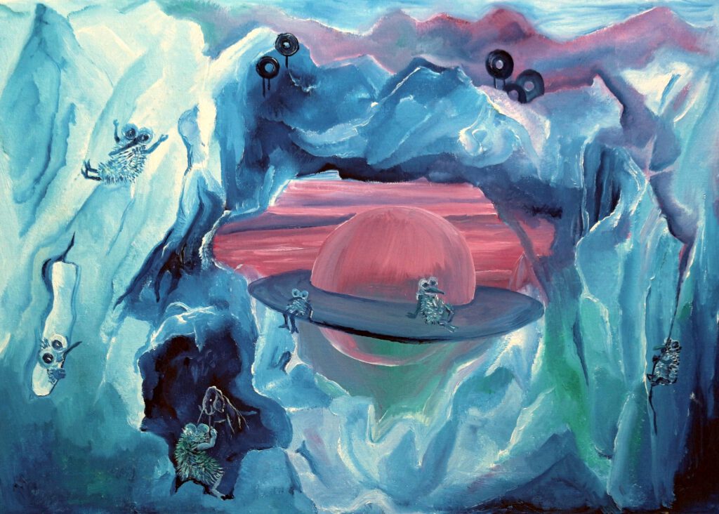 IJsegels is een surrealische sfeer geschilderd en is een winterse wanddecoratie van Twinekelschilderijen.