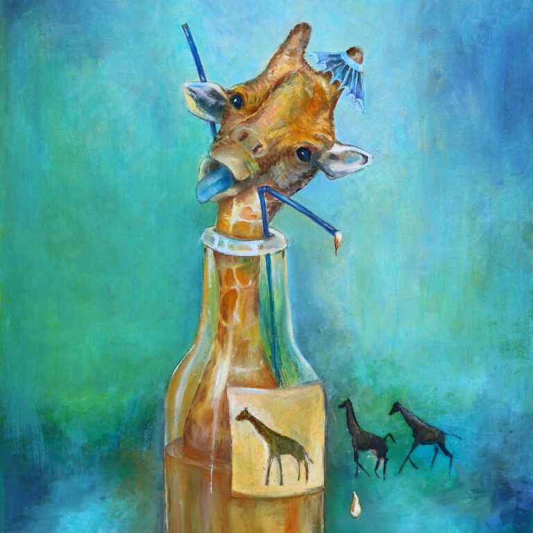 Giraffe in drinkflesje als wanddecoratie van Twinkelschilderijen.
