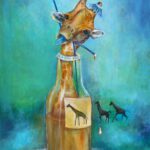 Giraffe in drinkflesje als wanddecoratie van Twinkelschilderijen.