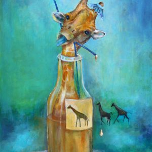 Giraffe in drinkflesje als wanddecoratie van Twinkelschilderijen.